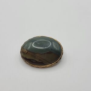 Vintage Oval Brooch with Green and Brown Stone